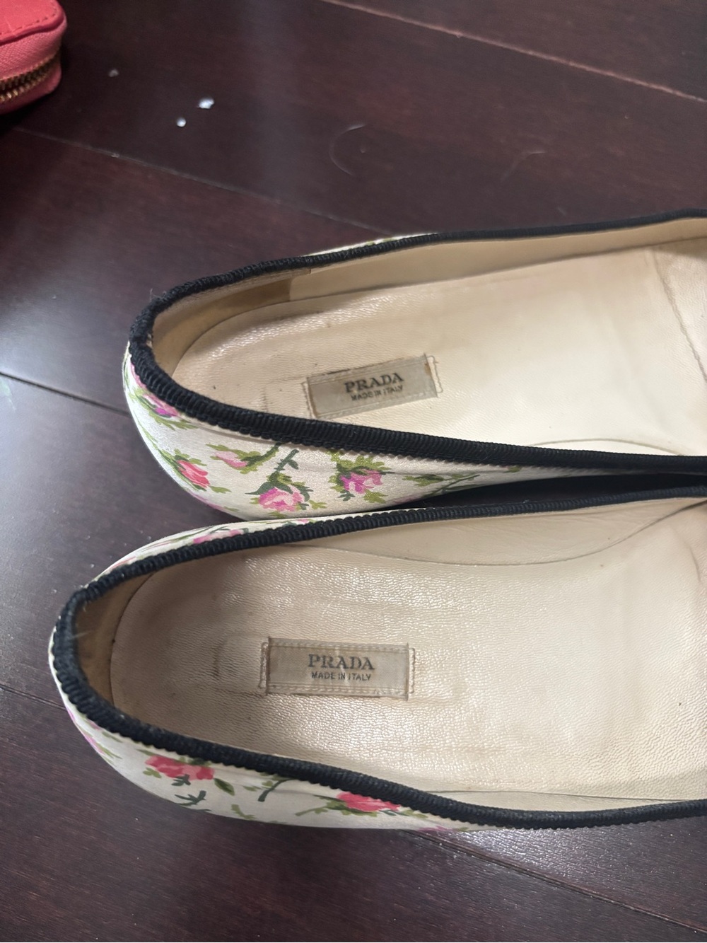 Prada Floral Canvas Pointed Toe Flats in Cream and Black with Pink Accents - Picture 2 of 6